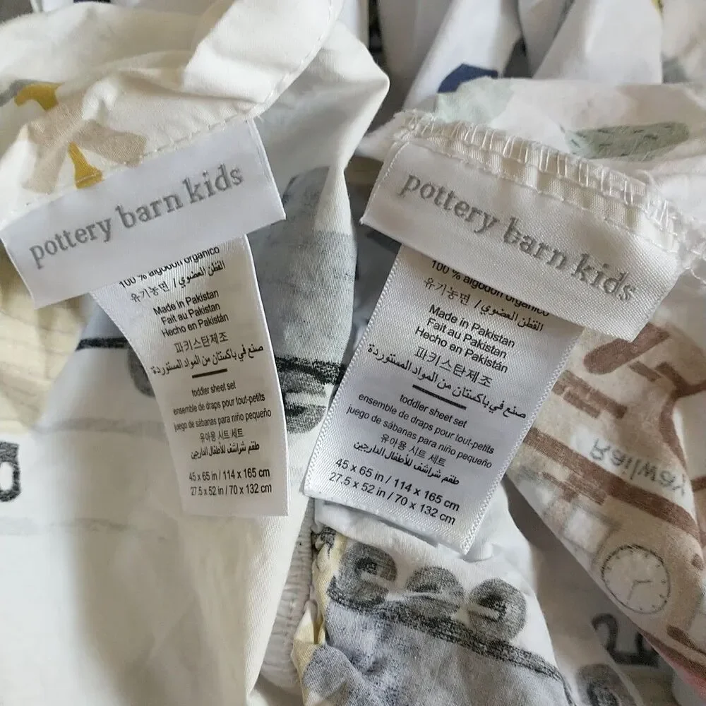 Pottery Barn Kids Crib Sheet Set Train Novelty Baby Boy 100%Organic Cotton